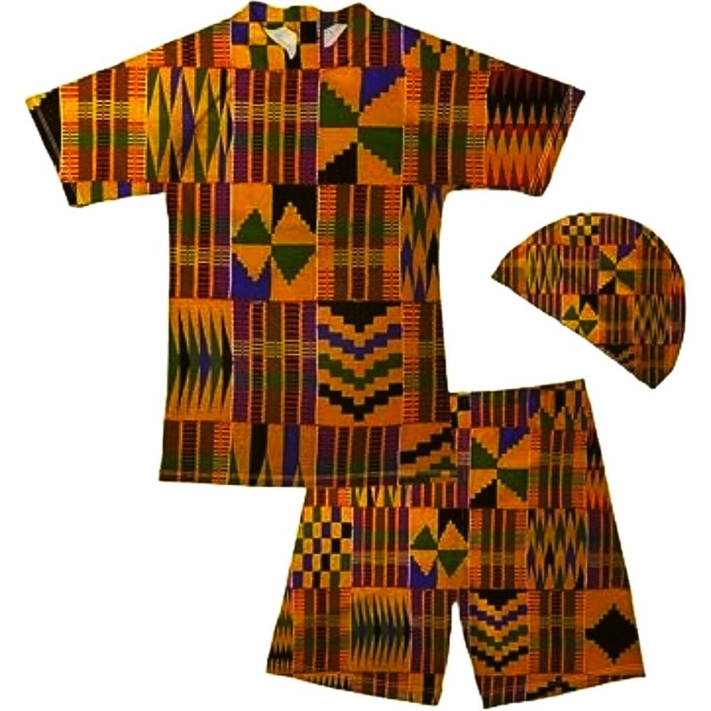 Kids Sz 8 African Kente Print Swim Top Shorts Cap Rash Guard Wakanda Costume SET